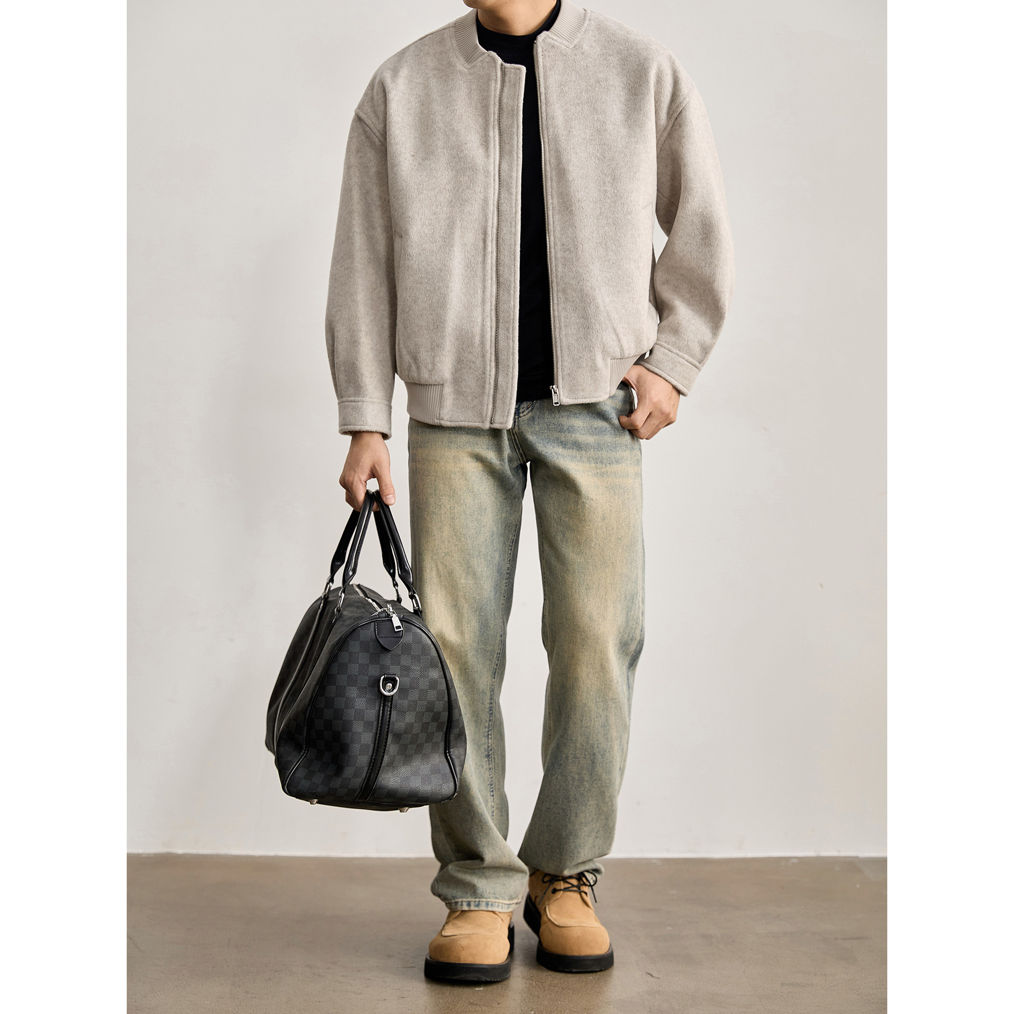 LUUD 短宽版型绵羊毛混纺磨毛肌理毛呢外套棒球领老钱复古夹克男,男装,夹克,淘宝优惠券,粉丝福利购,淘宝优惠卷