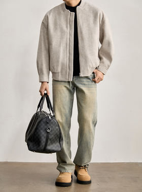 LUUD 短宽版型绵羊毛混纺磨毛肌理毛呢外套棒球领老钱复古夹克男