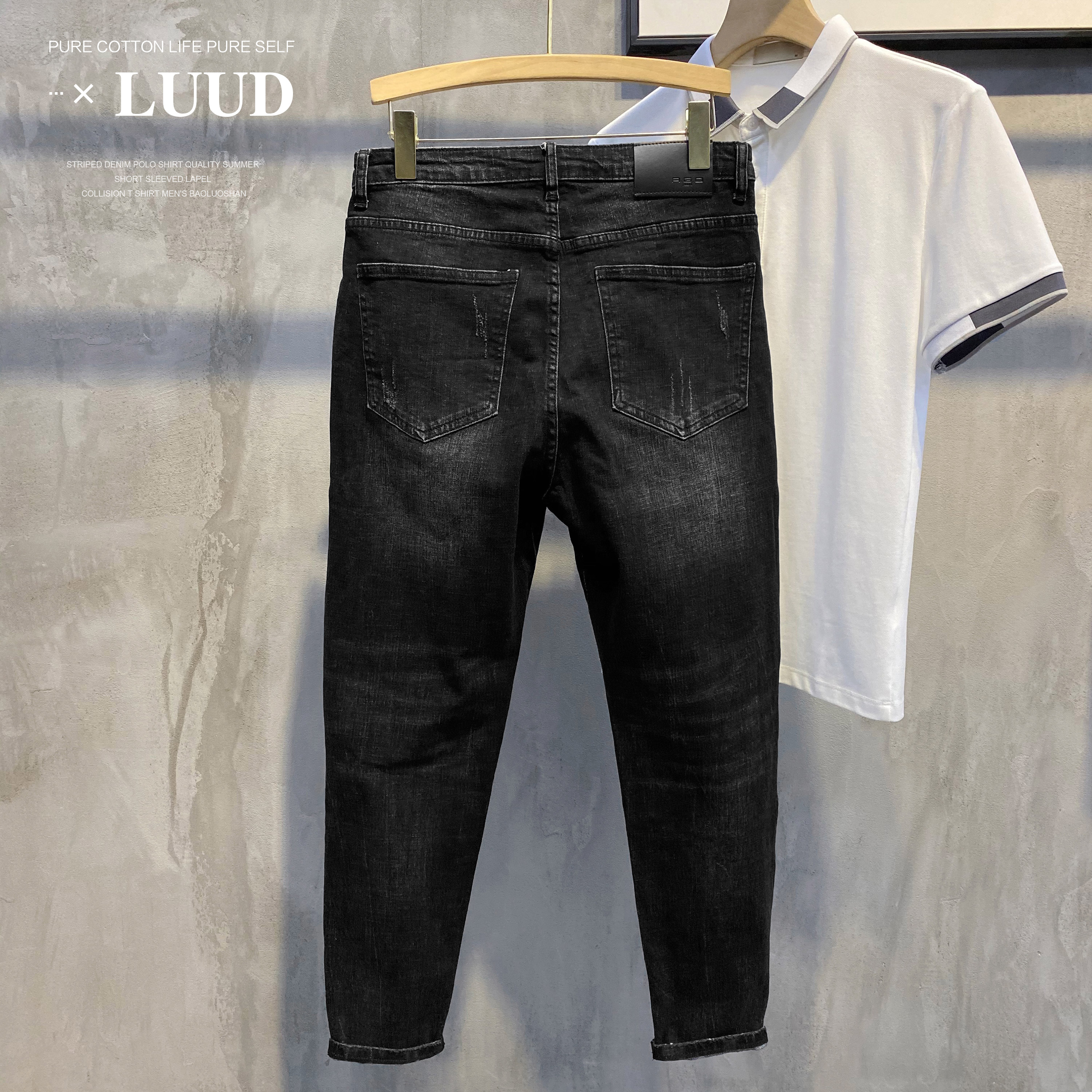 百搭黑灰色修身小脚复古牛仔裤