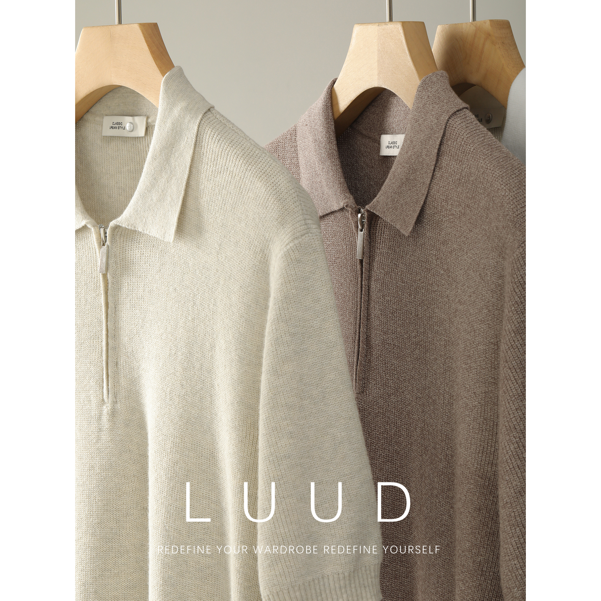 LUUD 简约通勤修身棉感针织POLO衫男夏季绅士雅奢半拉链短袖上衣