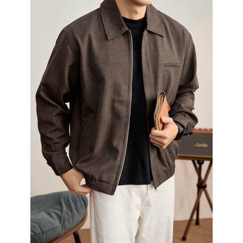 LUUD 老钱风咖啡色行政外套男秋冬休闲短宽款翻领拉链飞行员夹克