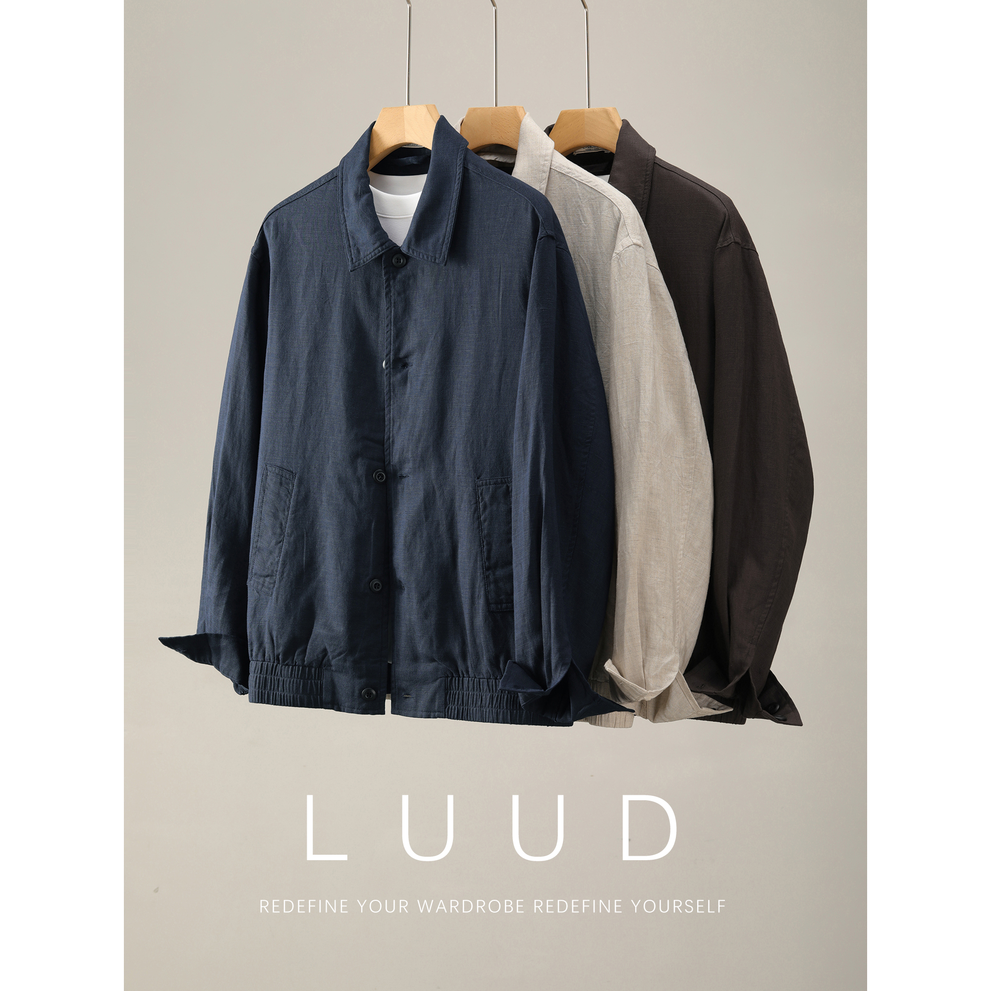 LUUD 儒雅极简纯色男士翻领外套秋季天丝莱赛尔亚麻混纺衬衫夹克