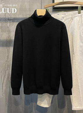 LUUD 黑色可翻高领绵羊毛针织衫冬季复古时尚纯色外穿版长袖毛衣
