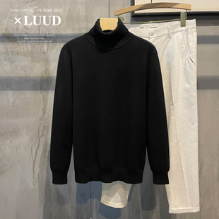 LUUD 黑色可翻高领绵羊毛针织衫冬季复古时尚纯色外穿版长袖毛衣