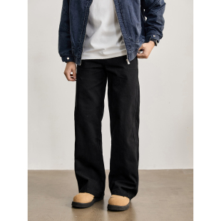 男双条侧缝线设计370g无弹阔腿牛仔裤 LUUD 碳磨斜纹纯棉直筒长裤
