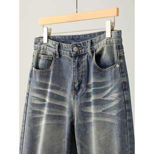 男 宽松潮牌做旧休闲百搭阔腿裤 LUUD 波浪形水洗磨白猫须纹牛仔裤