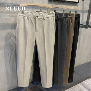 LUUD 2026小直筒星空呢料长裤磨毛保暖休闲裤腰英文点缀设计男裤