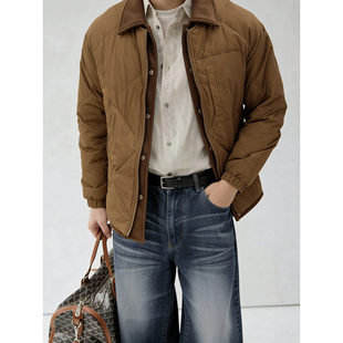 LUUD 轻量蓬松灯芯绒拼接翻领羽绒服男菱形压纹白鸭绒假两件外套