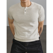 LUUD 男高级感针织肌理运动休闲体恤上衣 T恤针织衫 亨利领收袖 短袖