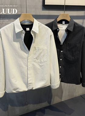 LUUD 韩系高级感纯棉衬衫男士条纹拼色长袖衬衣休闲复古翻领外套