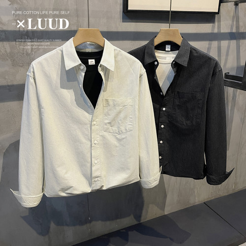 LUUD 韩系高级感纯棉衬衫男士条纹拼色长袖衬衣休闲复古翻领外套