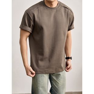 夏季 重磅圆领短袖 分割格纹拼接设计休闲T恤上衣 松弛百搭男士 LUUD