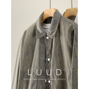 LUUD 油墨晕染竖纹肌理灯芯绒翻领夹克男秋冬小绣标艺术满印外套