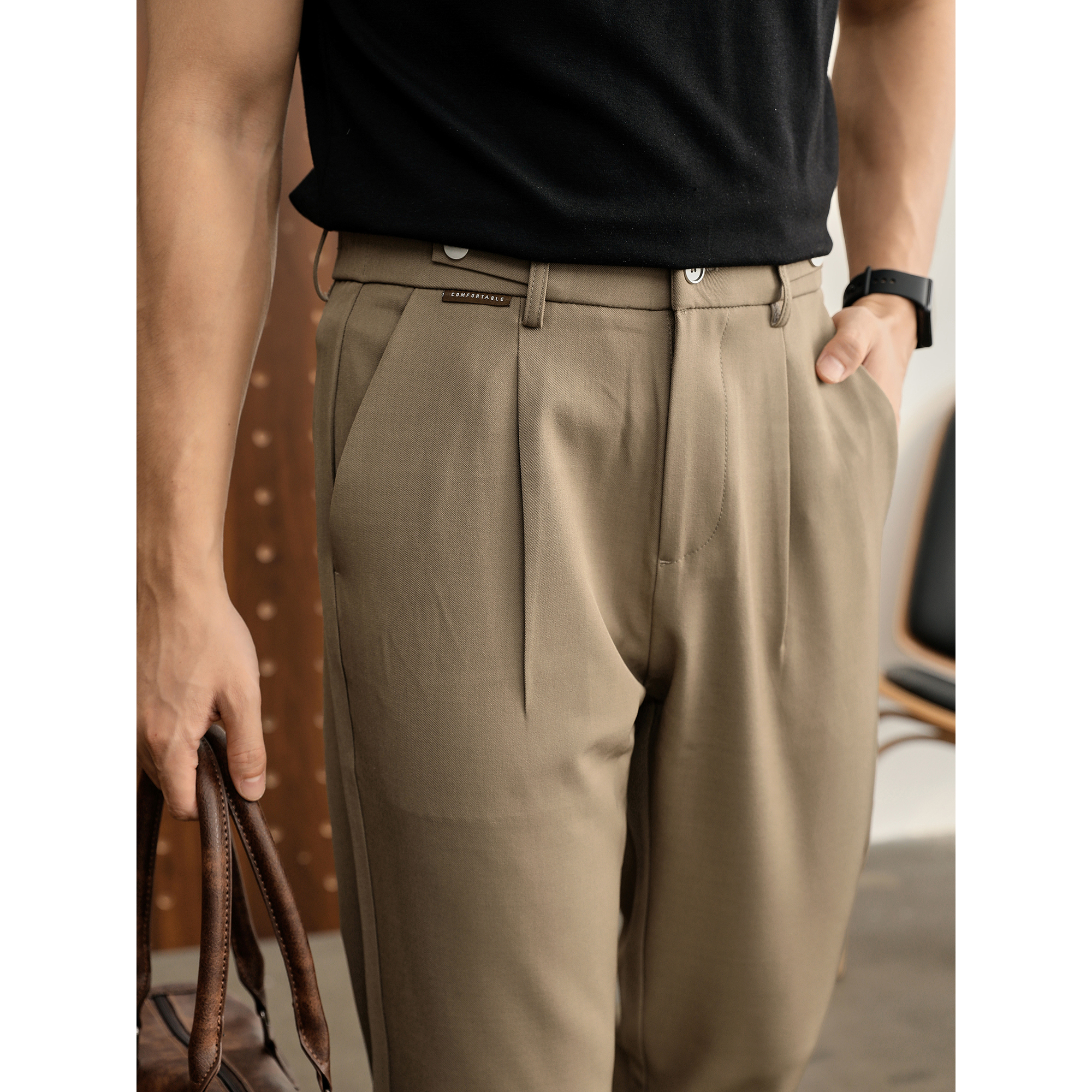 LUUD 男秋季老钱风微阔直筒裤腰头纽扣拼接设计纯色垂感休闲长裤