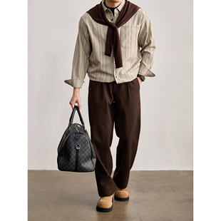 薄款 LUUD 轻奢通勤单贴袋春季 男士 衬衣外套 色织纱线条纹翻领衬衫