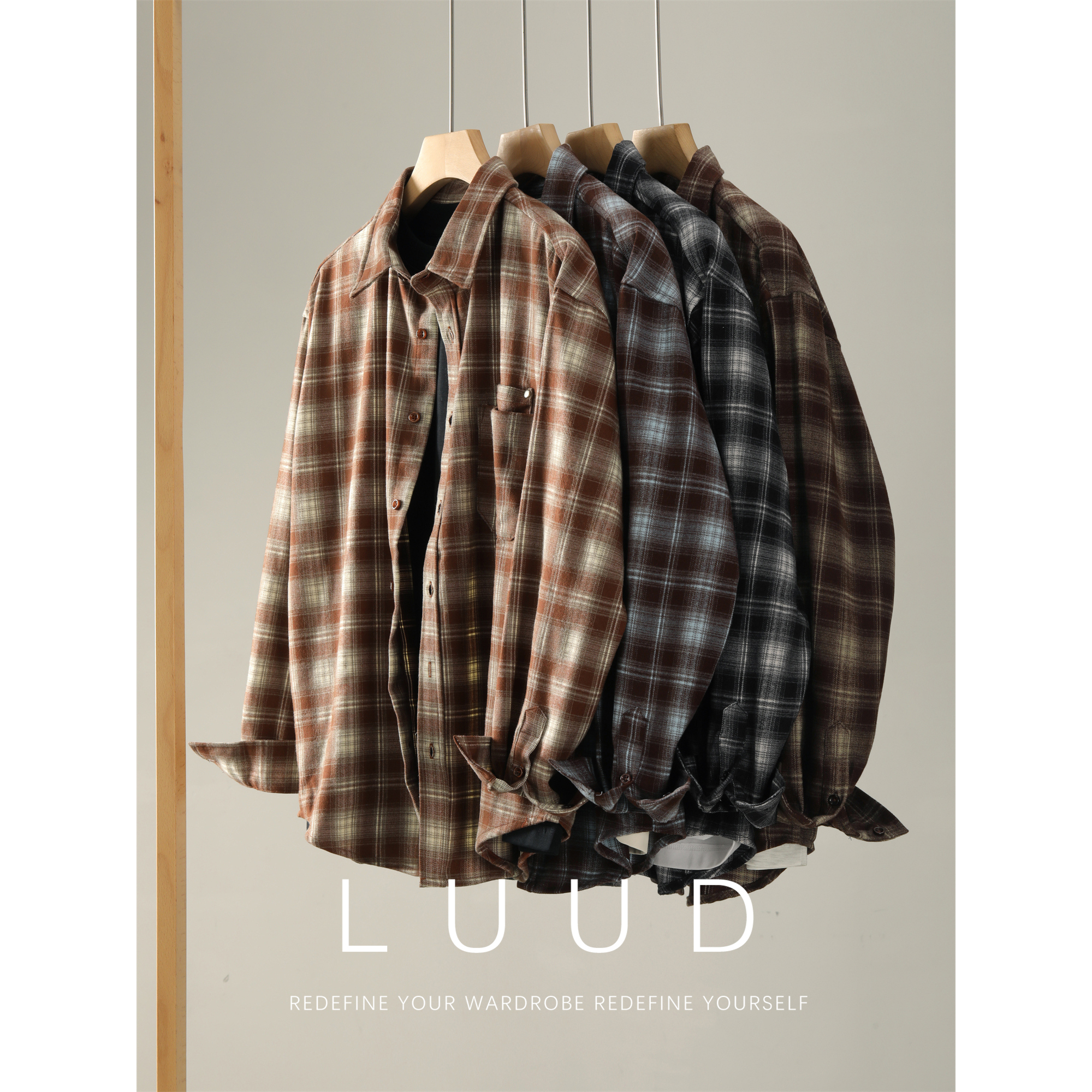 LUUD 100%微绒磨毛弧形下摆衬衫大格子撞色痞帅寸衣个性街头外套