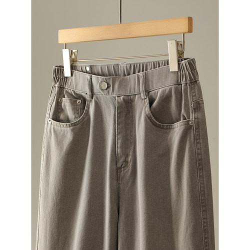 LUUD 伯爵黑直筒半松紧腰阔腿裤男松弛通勤100%纯棉水洗牛仔长裤