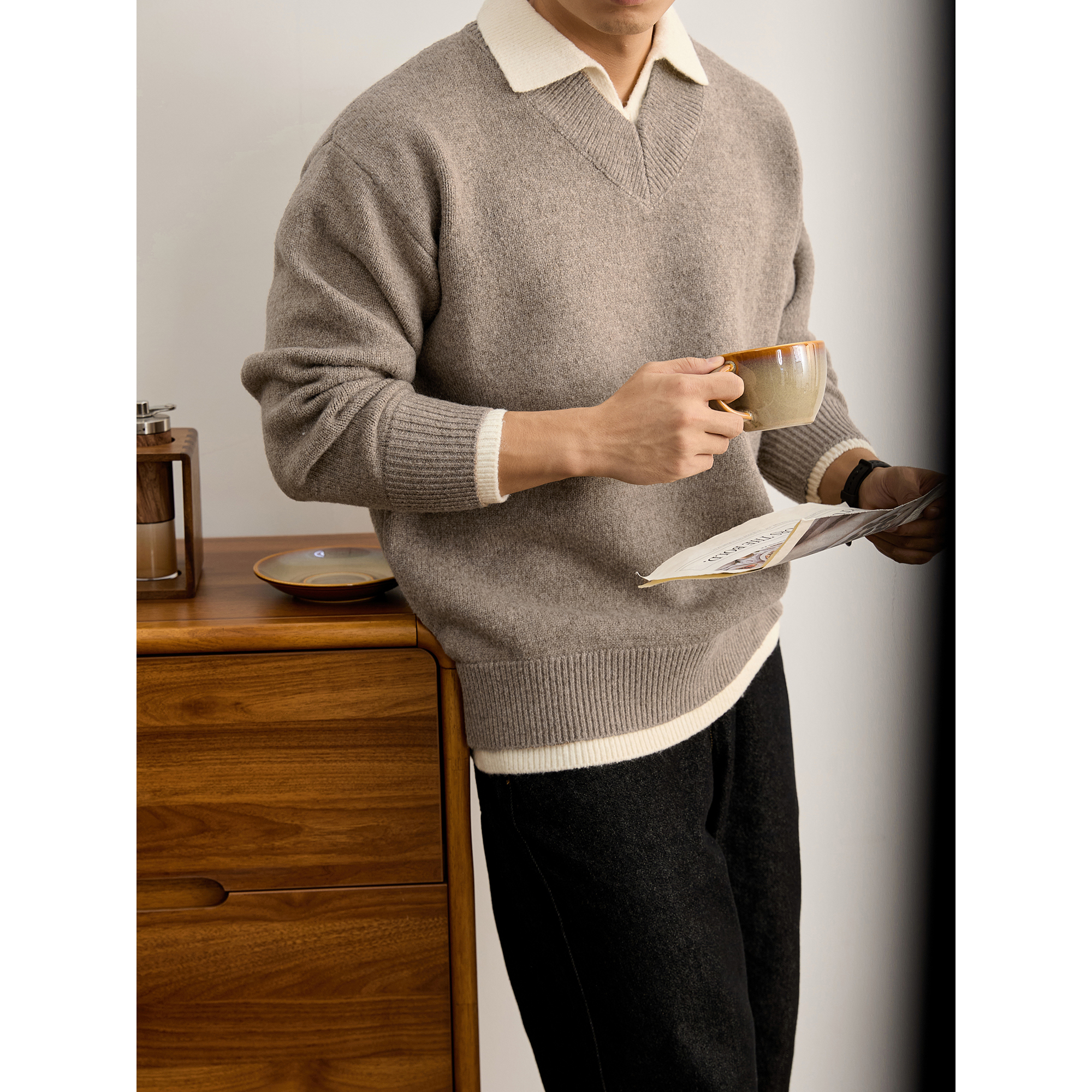 LUUD 秋冬季软糯绵羊毛混纺针织衫慵懒随性文艺男假两件拼接毛衣