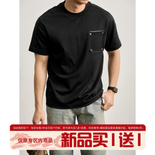 时尚 LUUD 夏季 男士 百搭上衣T恤 潮奢通勤风假口袋格纹拼接圆领短袖