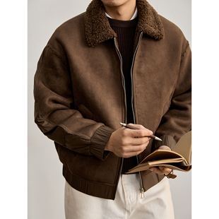 LUUD 三合一拼料设计麂皮绒拼接棉服外套保暖羊羔毛翻领夹克男冬