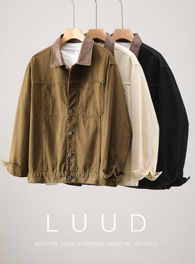 LUUD 解构分割设计水洗牛仔外套男100纯棉麂皮绒拼接撞色翻领衬衫