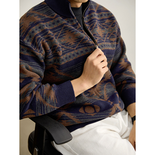 满印提花立领毛衣外套男 美式 LUUD 阿美咔叽重磅850g撞色针织开衫