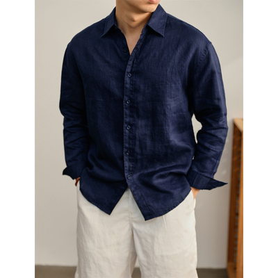 LUUD 绅士优雅老钱风休闲长袖纯亚麻衬衫宽松透气轻薄吸湿衬衣男