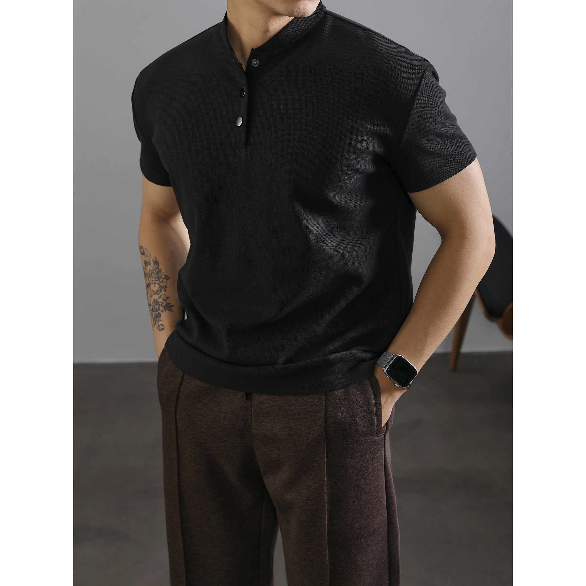 LUUD 都市感黑色高级感亨利领短袖T恤男士夏季颗粒肌理莱赛尔上衣,男装,T恤,淘宝优惠券,粉丝福利购,淘宝优惠卷