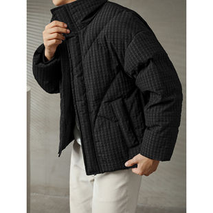 LUUD 黑色高级感纹理羽绒服男款冬季潮牌加厚立领保暖面包服外套