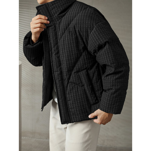 LUUD 黑色高级感纹理羽绒服男款冬季潮牌加厚立领保暖面包服外套