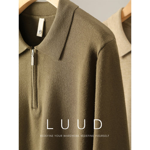 LUUD 男士秋冬针织翻领修身打底衫纯色极简半拉链长袖POLO衫毛衣