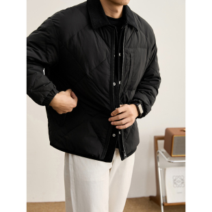 LUUD 假两件拼接灯芯绒白鸭绒羽绒夹克男冬菱格压纹充绒保暖外套