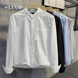 简约纯色百搭立领长袖 LUUD 斜纹衬衫 净版 纯棉牛津纺小领衬衣男士