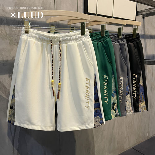 LUUD 新中式国潮小熊刺绣拼接短裤男士夏季直筒休闲运动外穿中裤