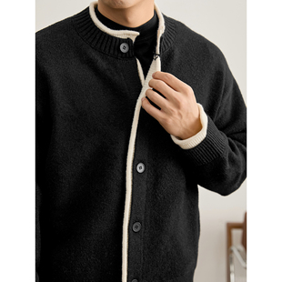 LUUD 男加厚重磅绒感毛衣外套 绵羊毛混纺卷边假两件拼接针织开衫