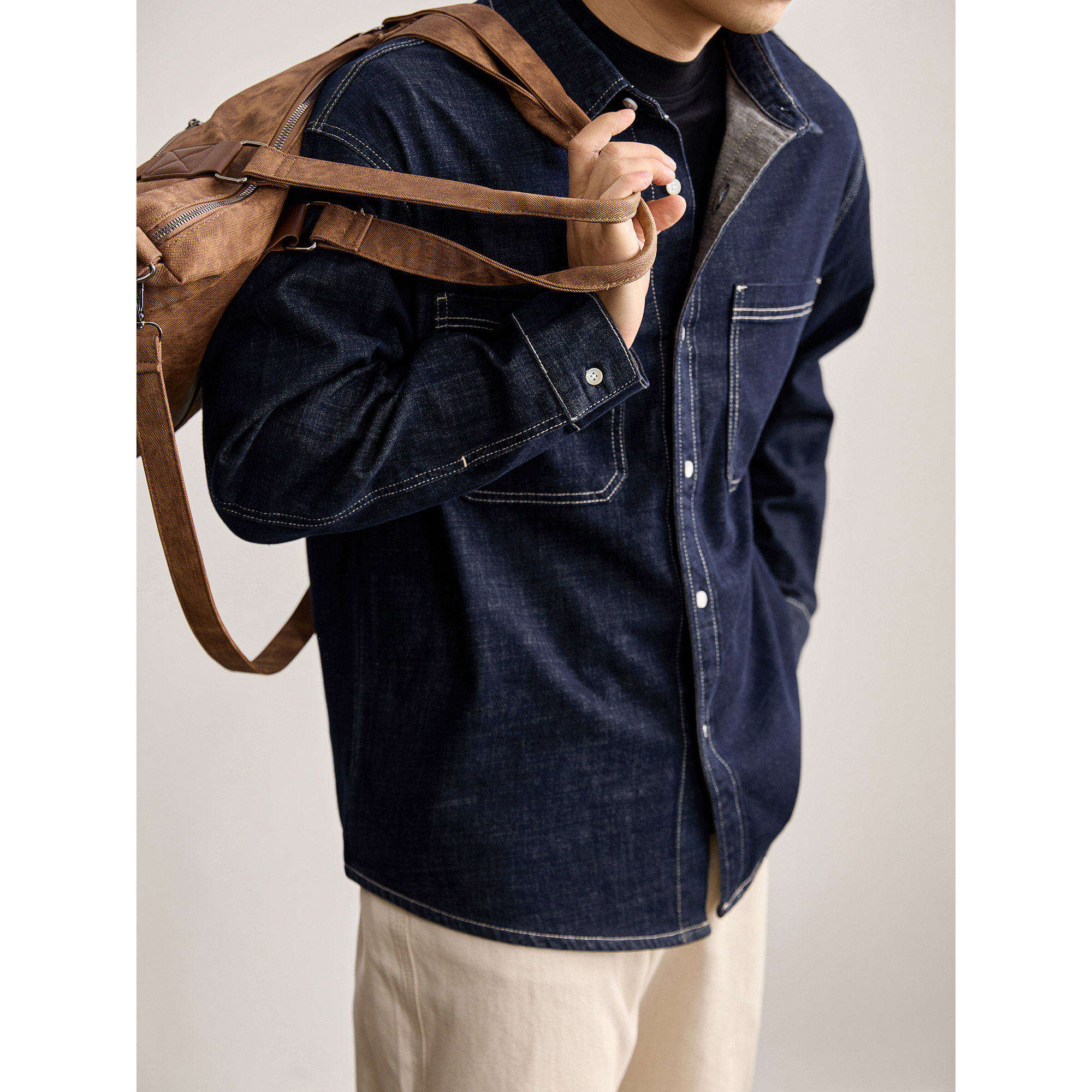 LUUD 原色水洗丹宁辑明线翻领长袖衬衫男早春莱赛尔亚麻混纺衬衣