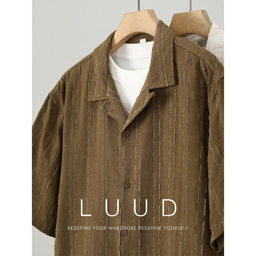 LUUD 侘寂度假风古巴领短袖衬衫男做旧割毛方格纯棉肌理衬衣外套