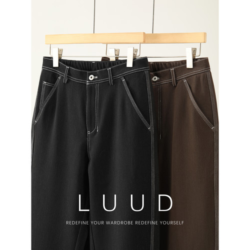 LUUD 撞色辑明线防牛仔布休闲裤男秋冬潮流怀旧风松紧腰直筒西裤