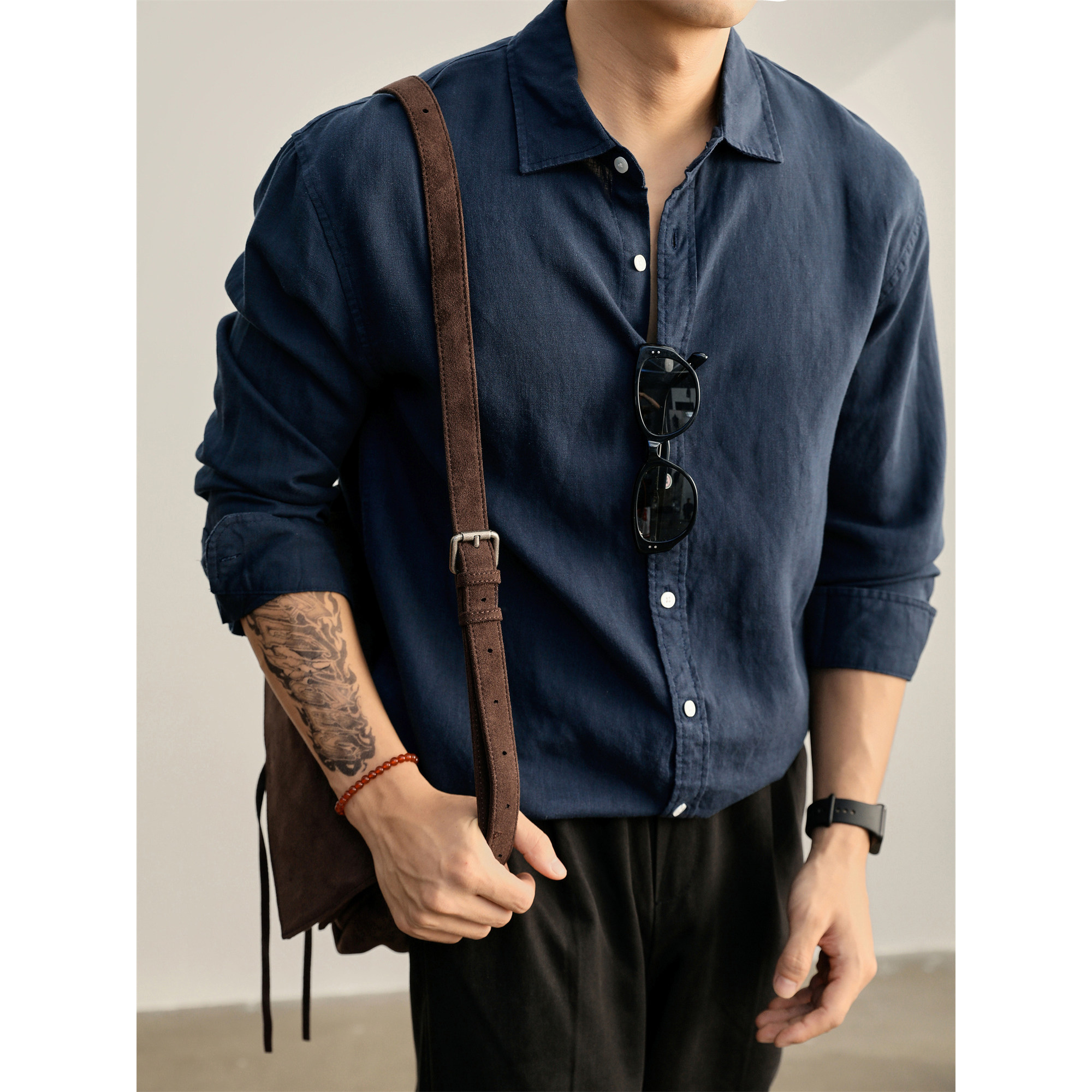 LUUD 藏青色亚麻天丝长袖翻领衬衫男士秋季慵懒感老钱风衬衣外套