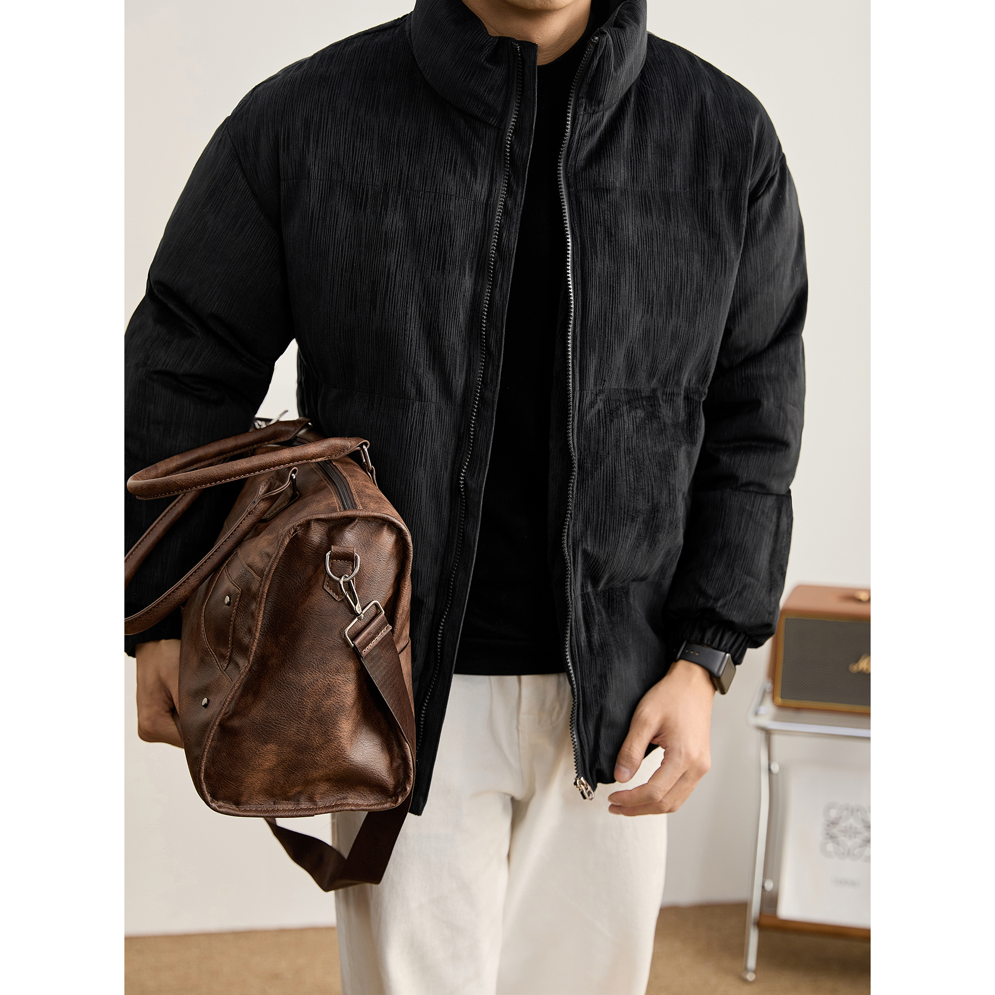 LUUD 高端品质竖条绒肌理立领棉服外套高蓬松抗寒夹棉面包服男冬