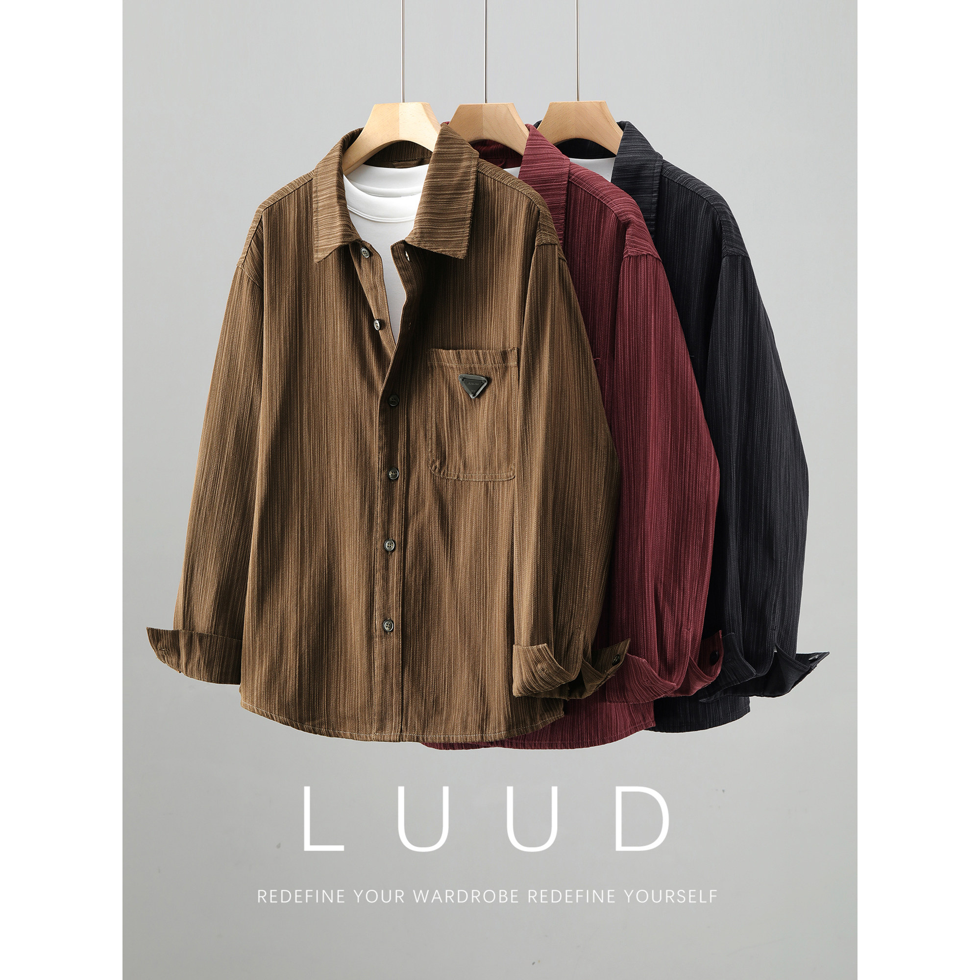 LUUD 美式老钱风竖纹肌理倒三角贴标装饰衬衫外套男早春长袖衬衣