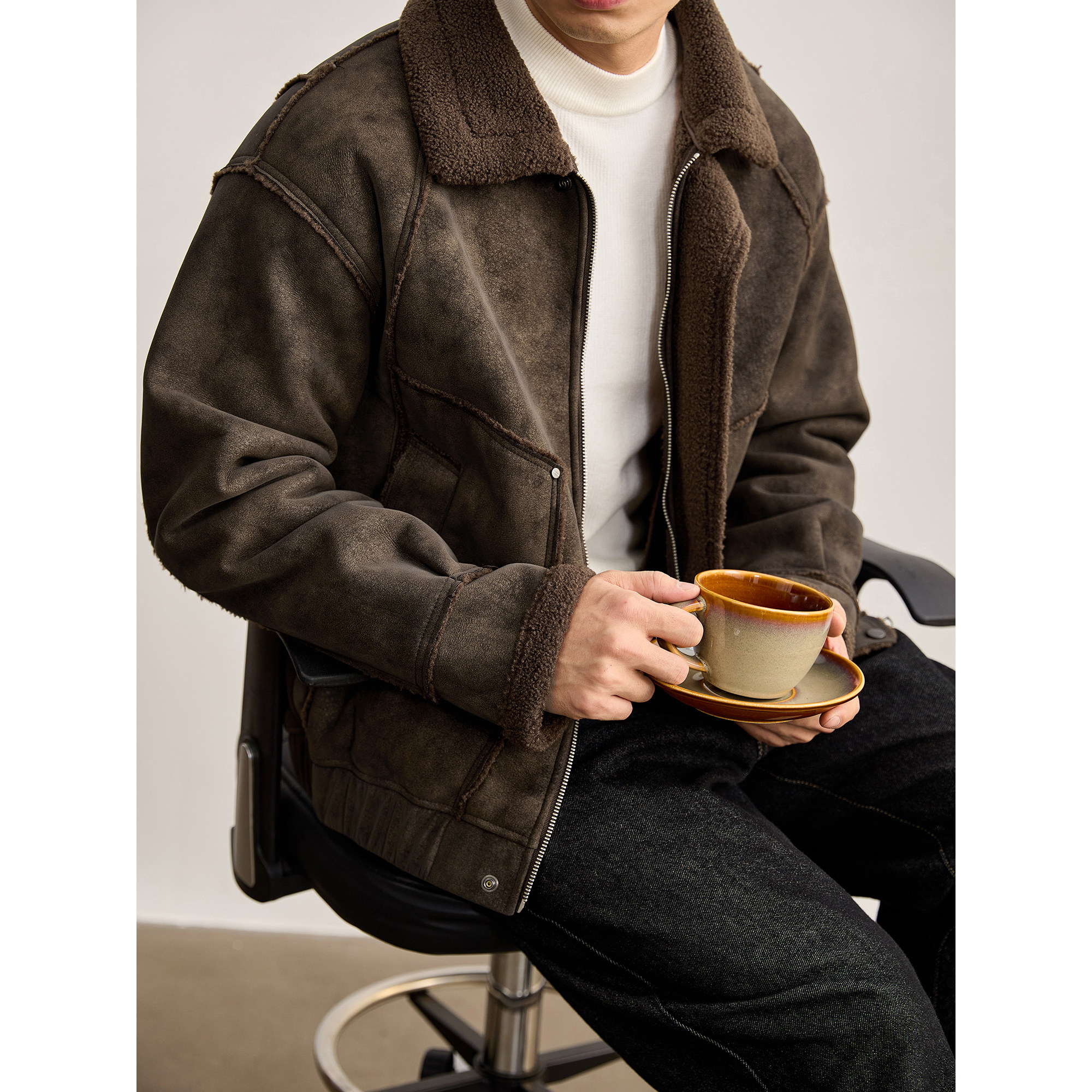 LUUD 做旧磨砂质感保暖皮衣外套街头风皮毛一体羊羔绒拼接夹克男,男装,皮衣,淘宝优惠券,粉丝福利购,淘宝优惠卷