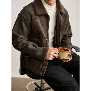 LUUD 做旧磨砂质感保暖皮衣外套街头风皮毛一体羊羔绒拼接夹克男