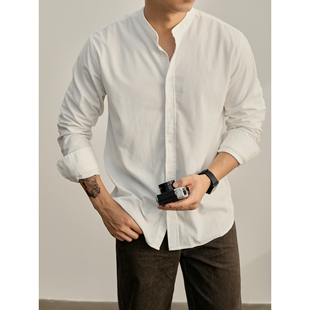 LUUD 新中式立领白灯芯绒衬衫男都市通勤卷袖款休闲叠穿衬衣外套