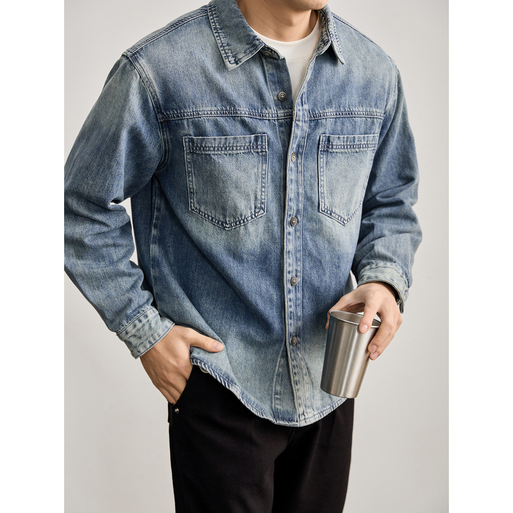 LUUD 男春秋时尚潮牌双贴袋翻领衬衫水洗做旧渐变色重磅牛仔外套