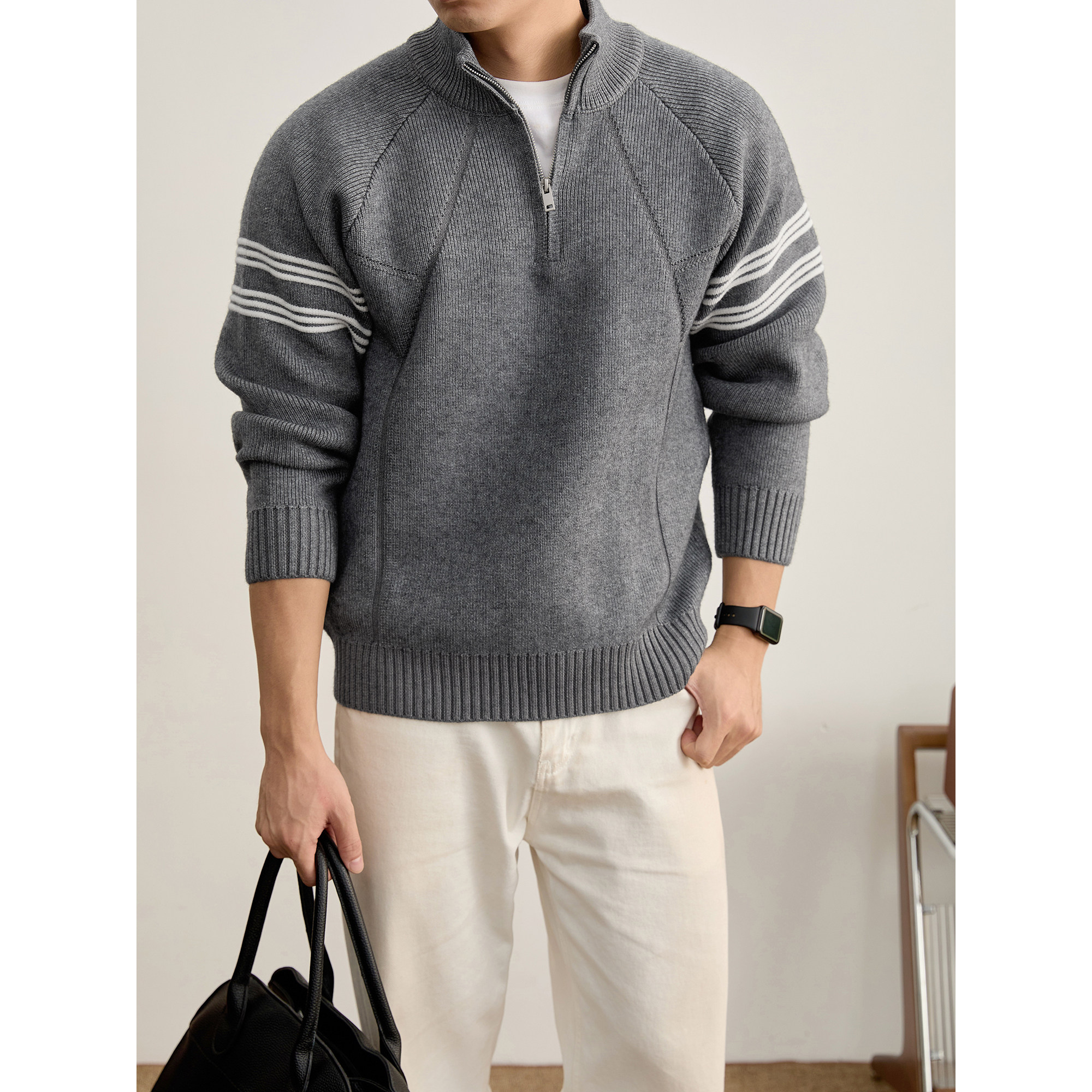 LUUD 条纹拼色半拉链立领针织衫男士罗纹插肩袖结构重磅830g毛衣,男装,针织衫/毛衣,淘宝优惠券,粉丝福利购,淘宝优惠卷