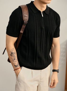 LUUD 高级感黑色半拉链针织保罗衫男夏竖条纹提花翻领POLO衫短袖