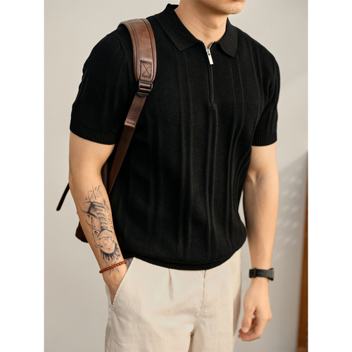 LUUD 高级感黑色半拉链针织保罗衫男夏竖条纹提花翻领POLO衫短袖