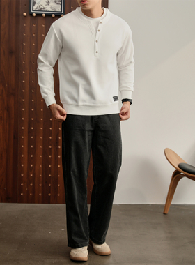 LUUD 假两件纽扣装饰双层领口长袖卫衣男儒雅白色极简拼接上衣T恤