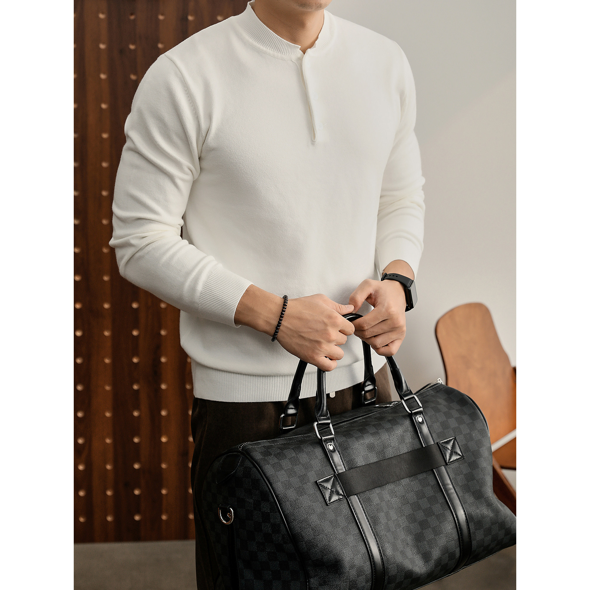 LUUD 美式新贵亨利领长袖老钱风针织打底衫男士秋冬纯色套头毛衣